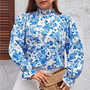 SHEIN Blue & White Floral Blouse